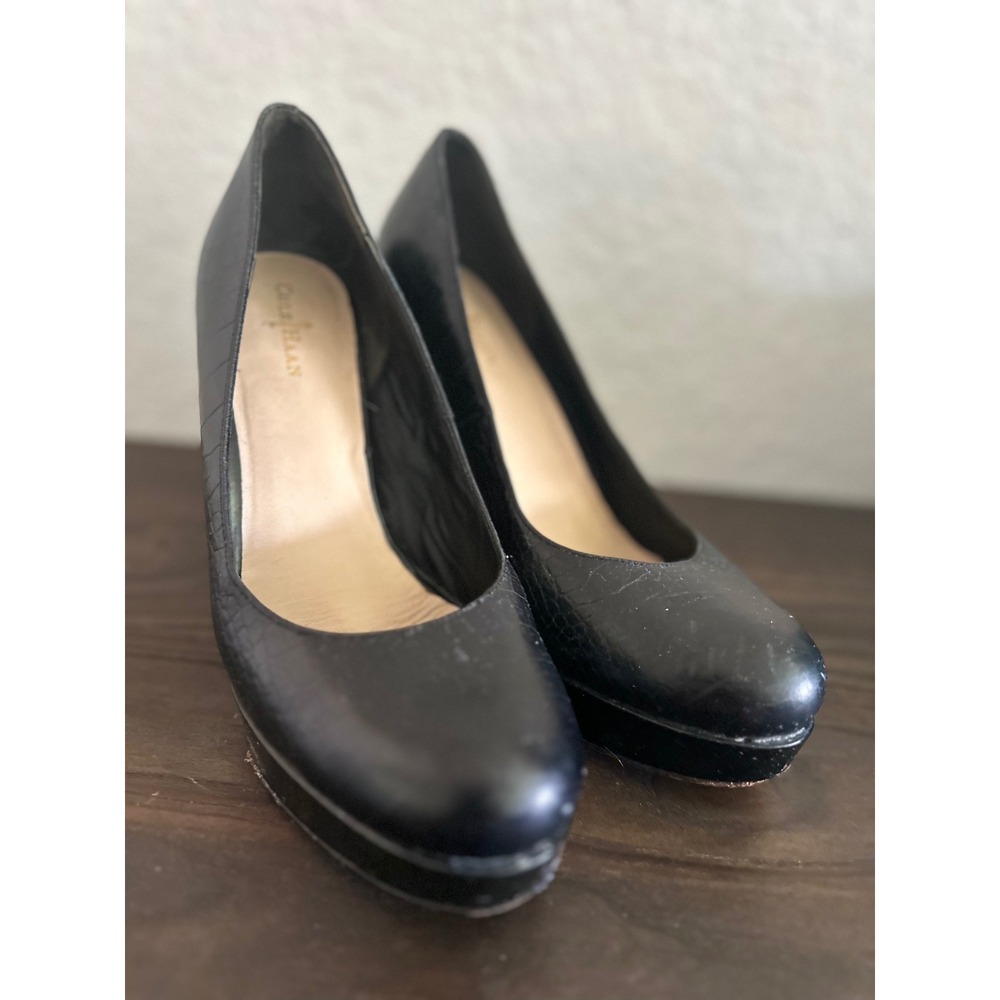 Cole Haan Platform Pumps Women 8.5 Black Croc Embossed Leather Stiletto Heels - Picture 4 of 13